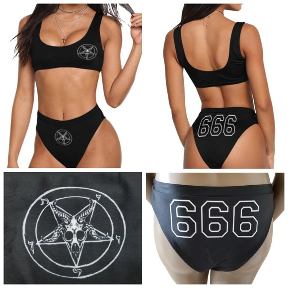 Baphomet 666 Satanic Tank Swim Top Cheeky Bottoms Bikini Swimsuit 3X Black White - Picture 1 of 15
